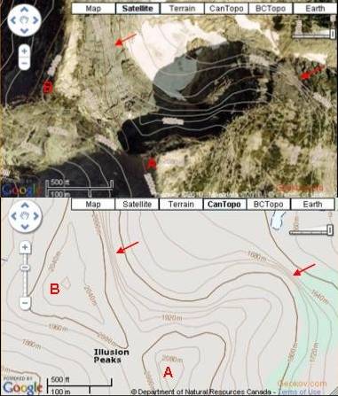 cliff and two peaks contour lines topo map