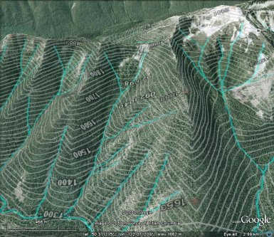 gully, spur, ridge and contour lines