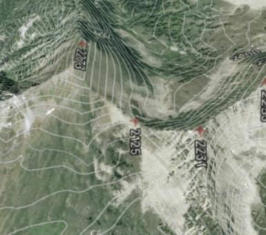 Mountain pass between two peaks contour lines